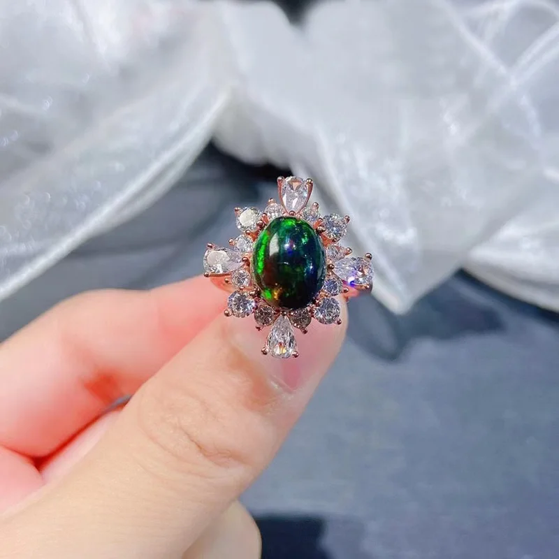 

925 Silver 2ct Dyed Natural Black Opal Ring 8mm*10mm Opal Jewelry with Gold Plating Solid Silver Gemstone Ring with Gold Plating
