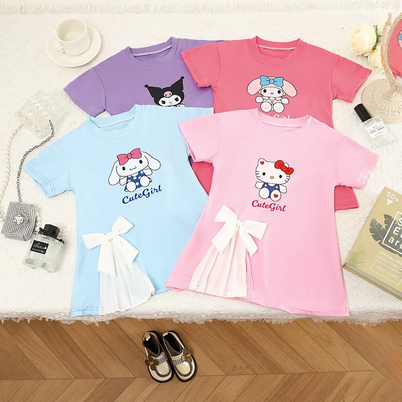 

New Sanrio Hello Kitty Y2K Dresses Kawaii Anime My Melody Kuromi Cinnamoroll Babys Bow Skirt Summer Sweet Cute Tops Gift for Kid