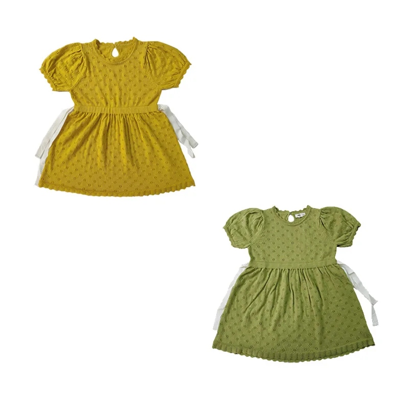 

Jenny&Dave Combed cotton hollowed out knitted dress for children and girls summer short sleeved lace butter fruit green thin ski