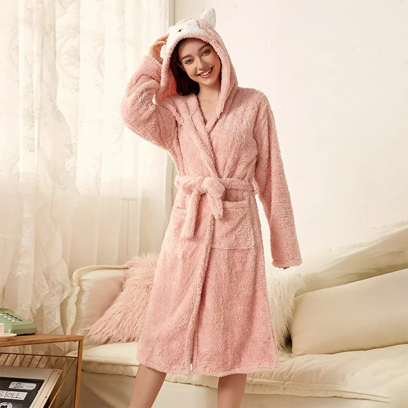 

Женский халат-кимоно, розовая ночная рубашка, зимняя фланелевая Милая Пижама с капюшоном, теплая Милая свободная уютная плотная модная мягкая Дамская ночная рубашка