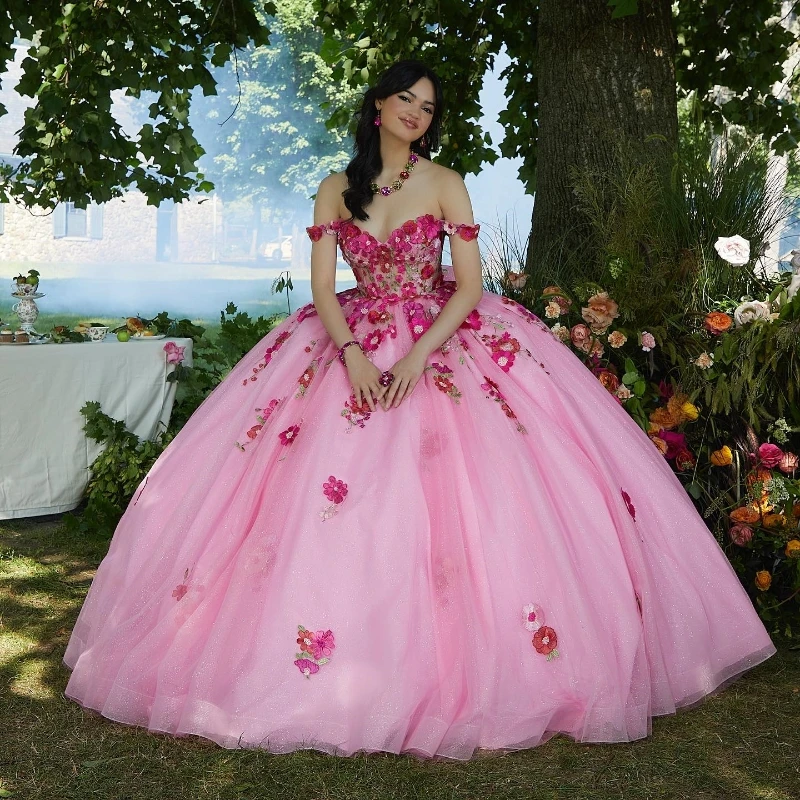 

Розовое блестящее платье для девушек, мексиканское бальное платье с открытыми плечами, длинное милое платье принцессы с цветочной аппликацией для 16 выпускного вечера, 15 лет
