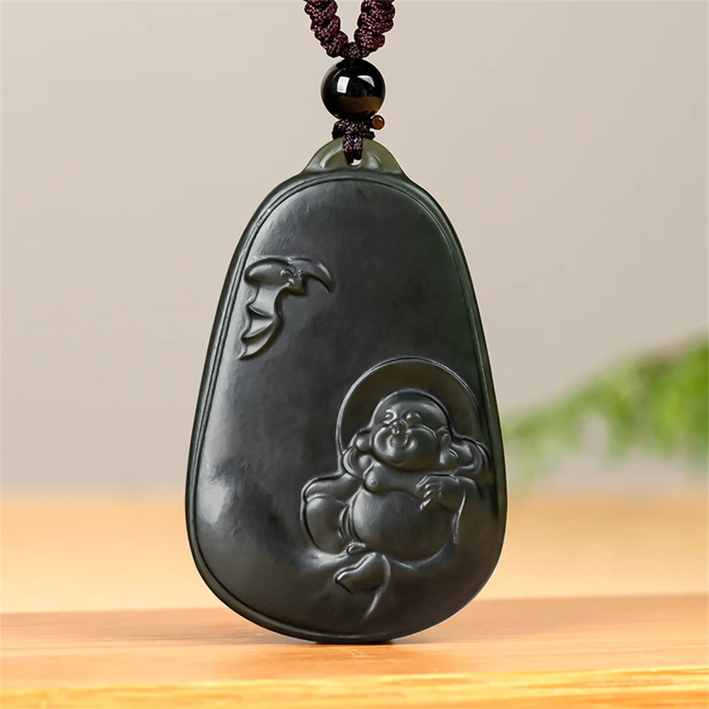 

Natural Black HeTian Jade Carved Chinese Bat Fortune Buddha Lucky Pendant Amulet Necklace Certificate Luxury Jade Jewelry Gift