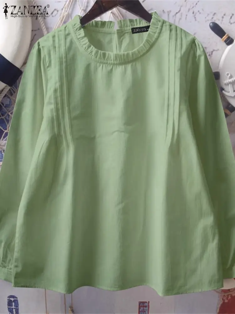 

Летняя элегантная офисная рубашка ZANZEA 2024, однотонная блузка с оборками и круглым вырезом, повседневные женские топы свободного кроя с длинным рукавом, шикарные блузы в Корейском стиле