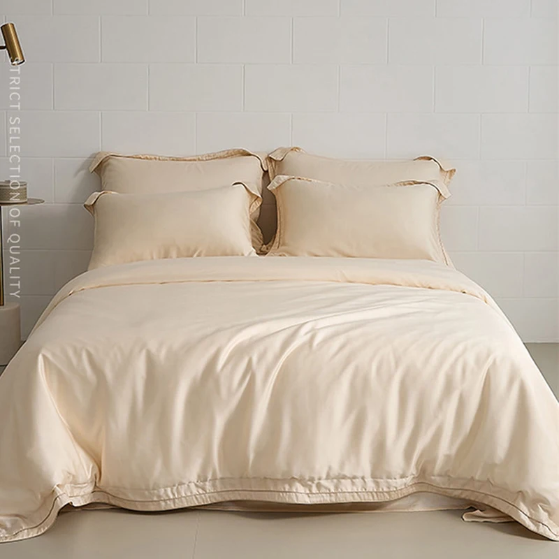 

2024 Long-staple Cotton Four-piece Bed Linen New Stitching Embroidery Plain Color Cotton Bedding Light Luxury Style Beige Color
