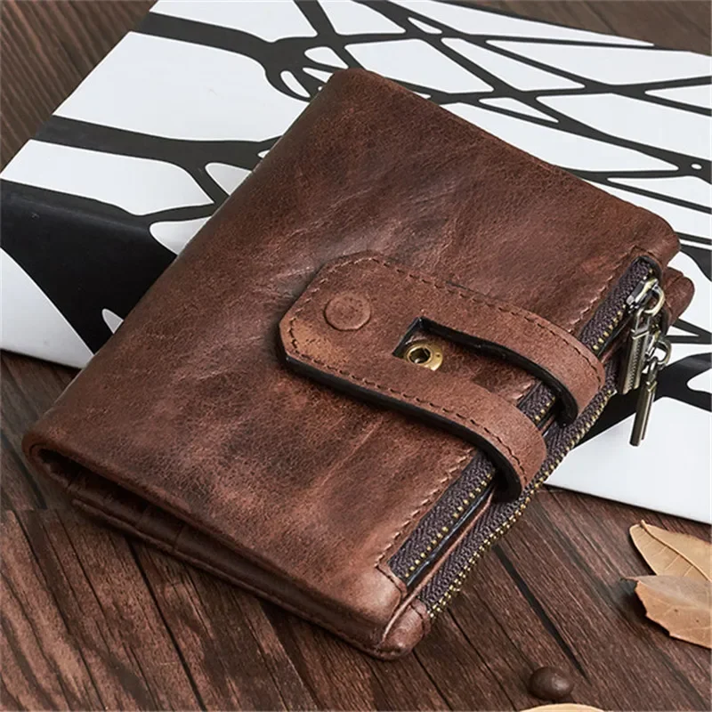 

Anti-Theft Swiping Shielding RFID Wallet Genuine Leather Fashion Double Zipper Multiple Card Slots Vintage Clutch First Layer