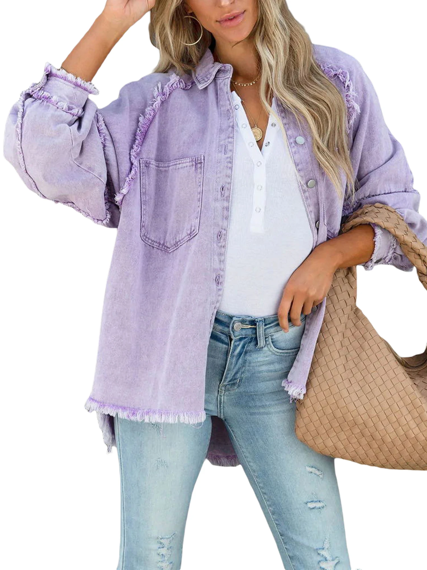 

Women s Vintage Acid Wash Denim Jacket Oversized Loose Fit Long Sleeve Button Down Jean Coat with Distressed Ripped Details and