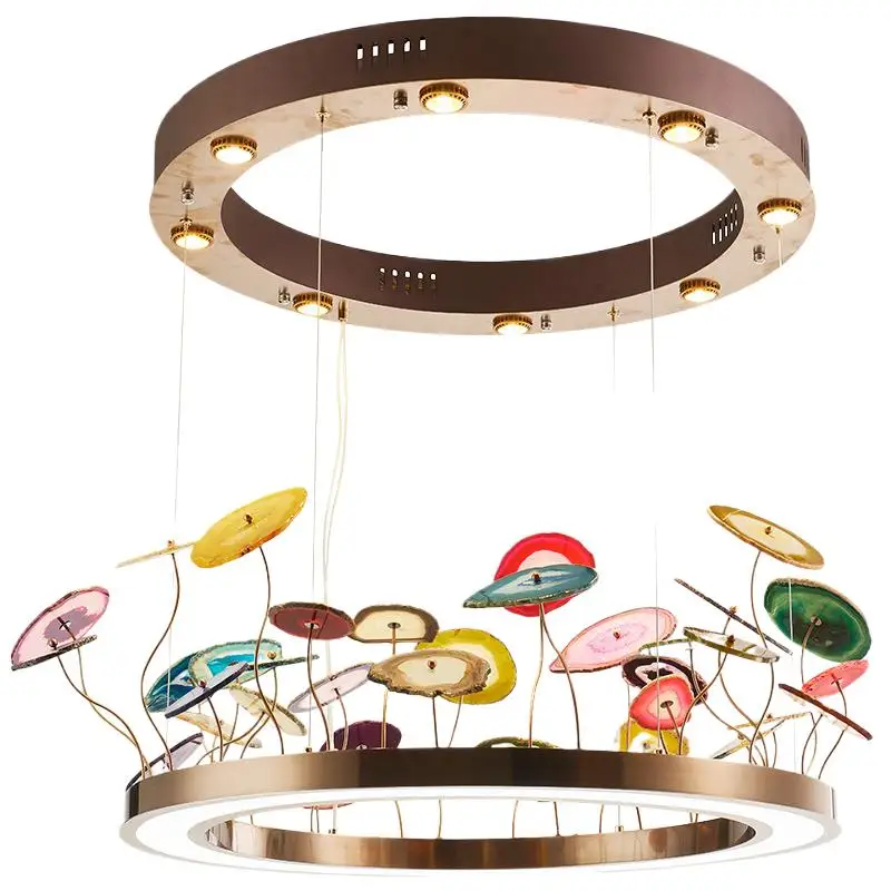 

Luxury Iron Ring LED with Cord Pendant Lights Agate Decoration Carnelian Ornament Hanging Light for Hall Living Room