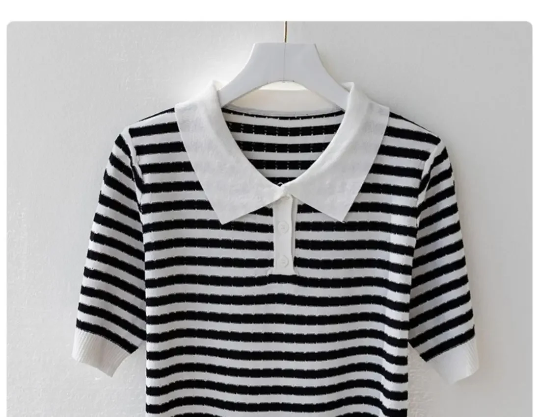 Fashion Women Short Sleeve Striped Knitted Polo Shirts Spring Summer All-match Tees Female Clothing New Pullover Bottoming Tops 38 S96616394d00c4f57a44ef48d7b75b6f5G