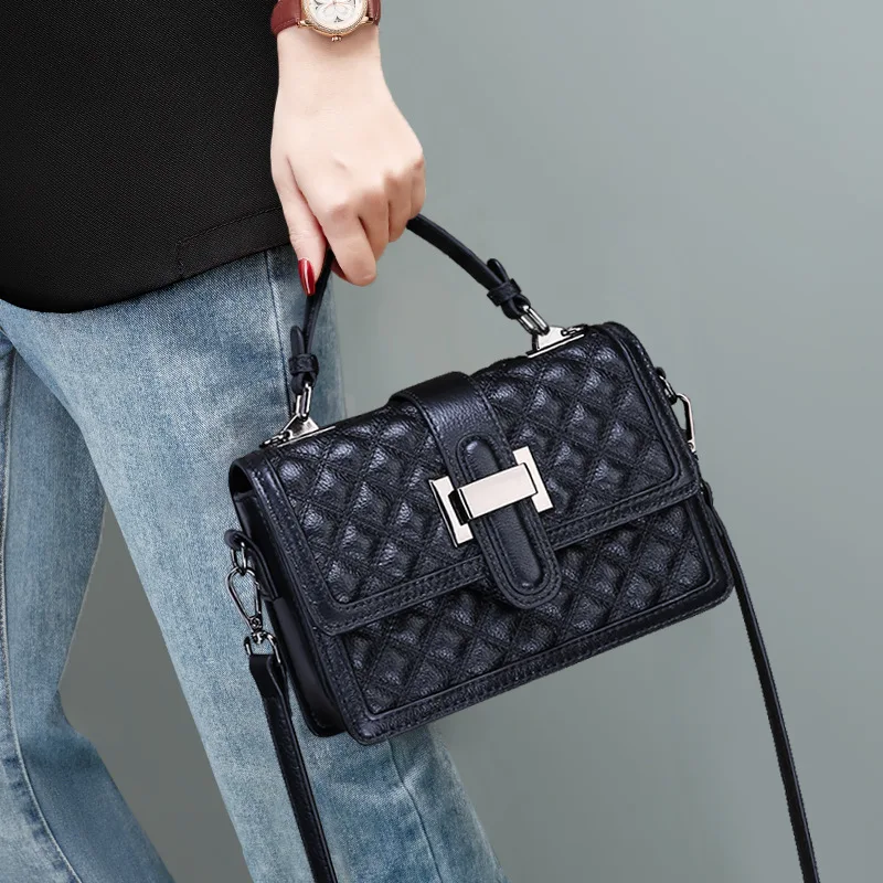

Women's Genuine Leather Handbag Elegant Fashion Texture Rhombic Messenger Bag Ladies Shoulder Bag Cowhide Crossbody Small Bag