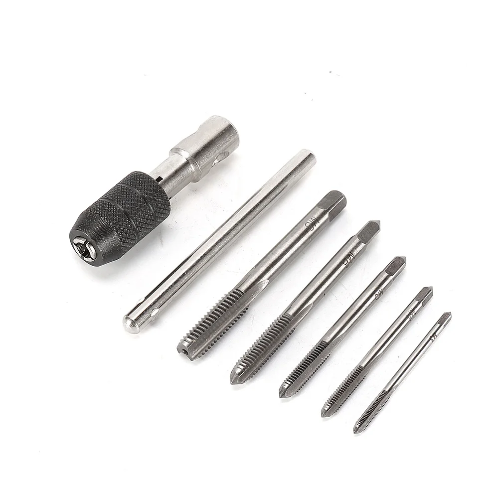 

6pcs/set M3-M8 Tap Drill Set T Handle Ratchet Tap Wrench Machinist Tool With Screw M3x0.5 M4x0.7 M5x0.8 M6x1 M8x1.2 Hand Tools