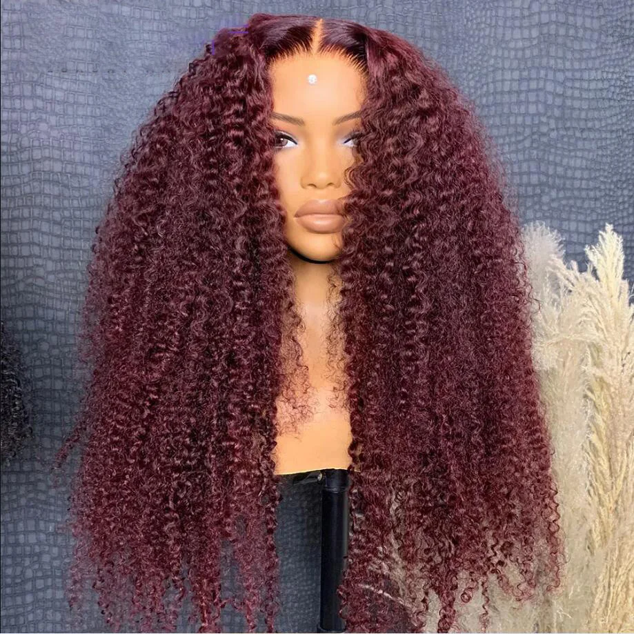 

Burgundy Soft 26Inch Long Kinky Curly 99j Glueless 180% Density Deep Lace Frontal Wig For Black Women Babyhair Preplucked Daily
