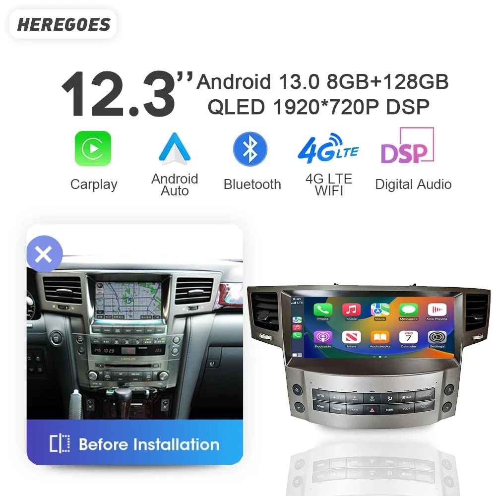 

7862 12.3" 8G+128GB Auto Android 13 Car Radio GPS Multimedia Player Carplay Navigation Bluetooth Wifi For Lexus LX570 2008-2015
