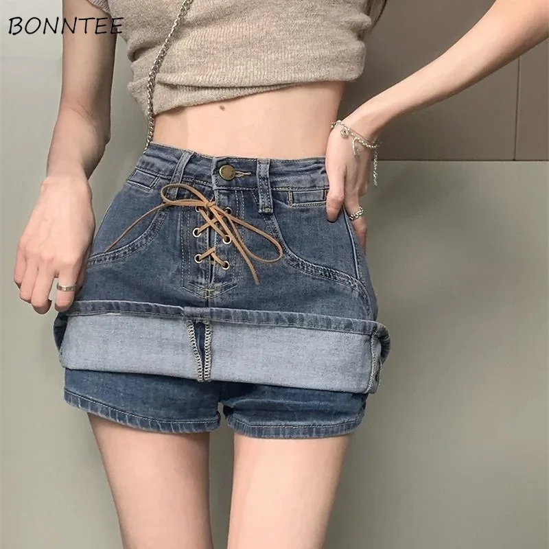 

Юбка женская на шнуровке, дизайнерская джинсовая модная облегающая Повседневная простая элегантная однотонная трапециевидная юбка в Корейском стиле, универсальная, лето