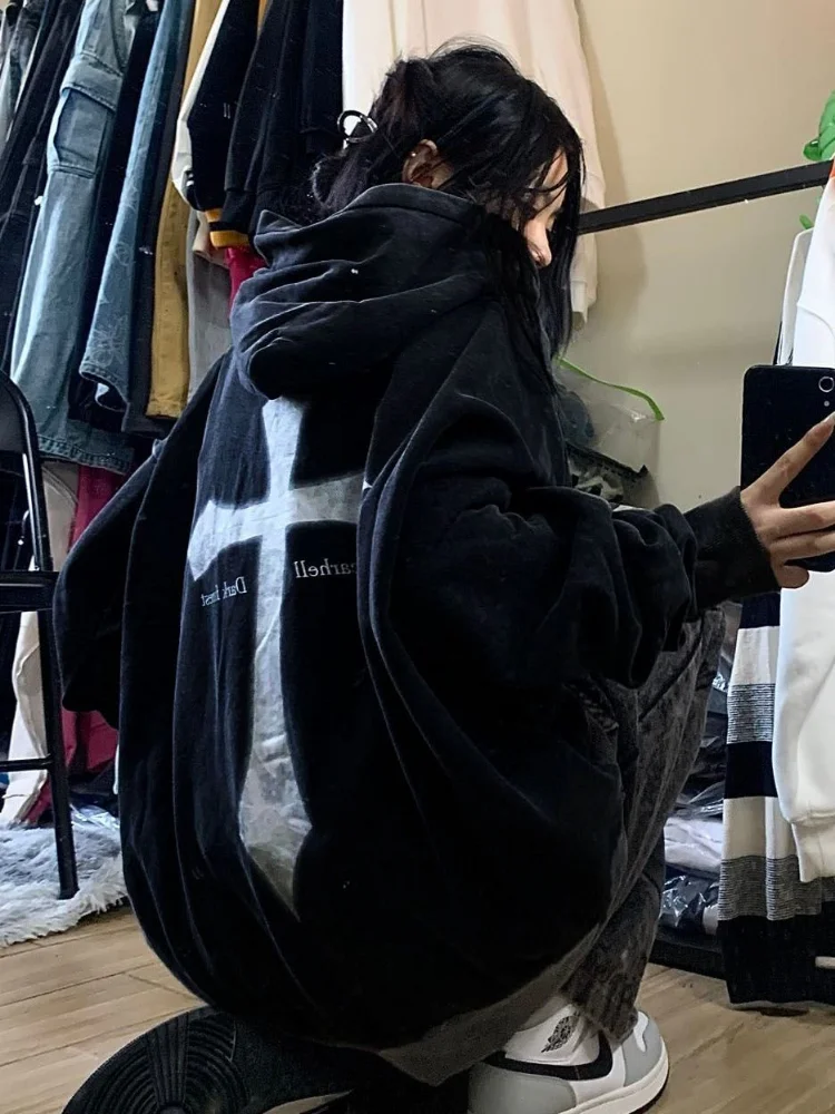 

QWEEK Gothic Harajuku Hoodes Women Vintage Mall Goth Streetwear Hooded Sweatshirt Black Long Sleeve Tops 2023 Fashion Spring