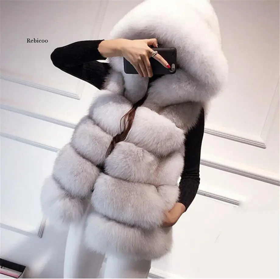 

Winter New Hoodies Fake Fur Vest Women Plush Fashion Warm Slim Sleeveless Waistcoat Fur Gilet Big Size Faux Fox Fur Overcoat