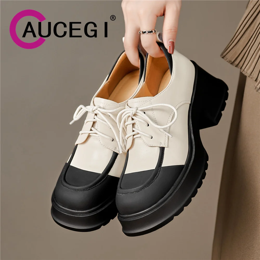 

Aucegi Genuine Leather Slip On Pumps British Style Round Toe Dress Women Retro Spring Autumn Lace Up New Arrival Commuter Shoes