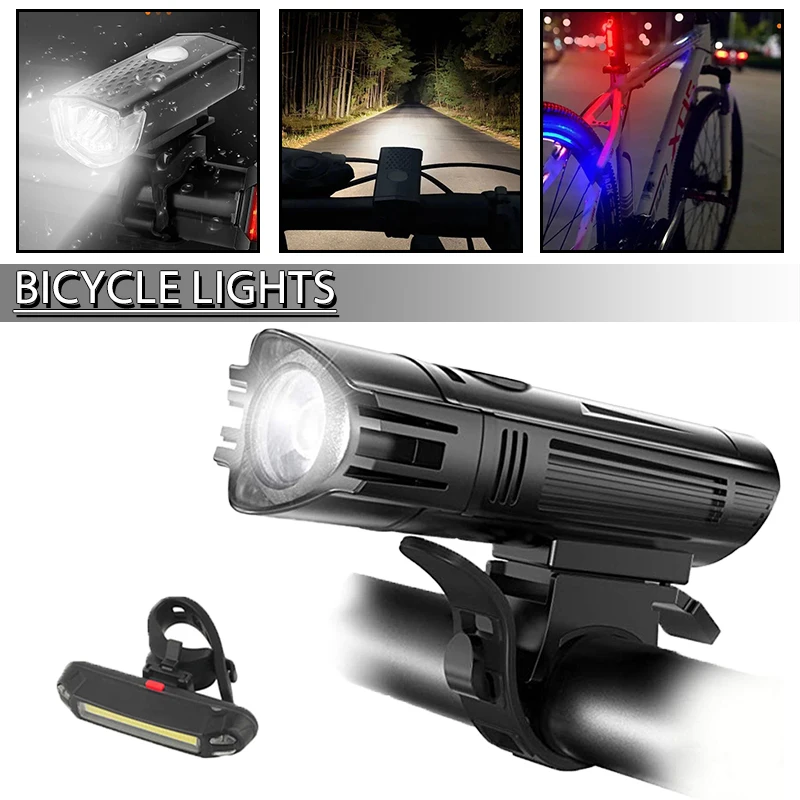 

Bicycle Lights Set Powerful Front and Rear Taillight LED USB Rechargeable Cycling Flashlight Bike Headlight Light