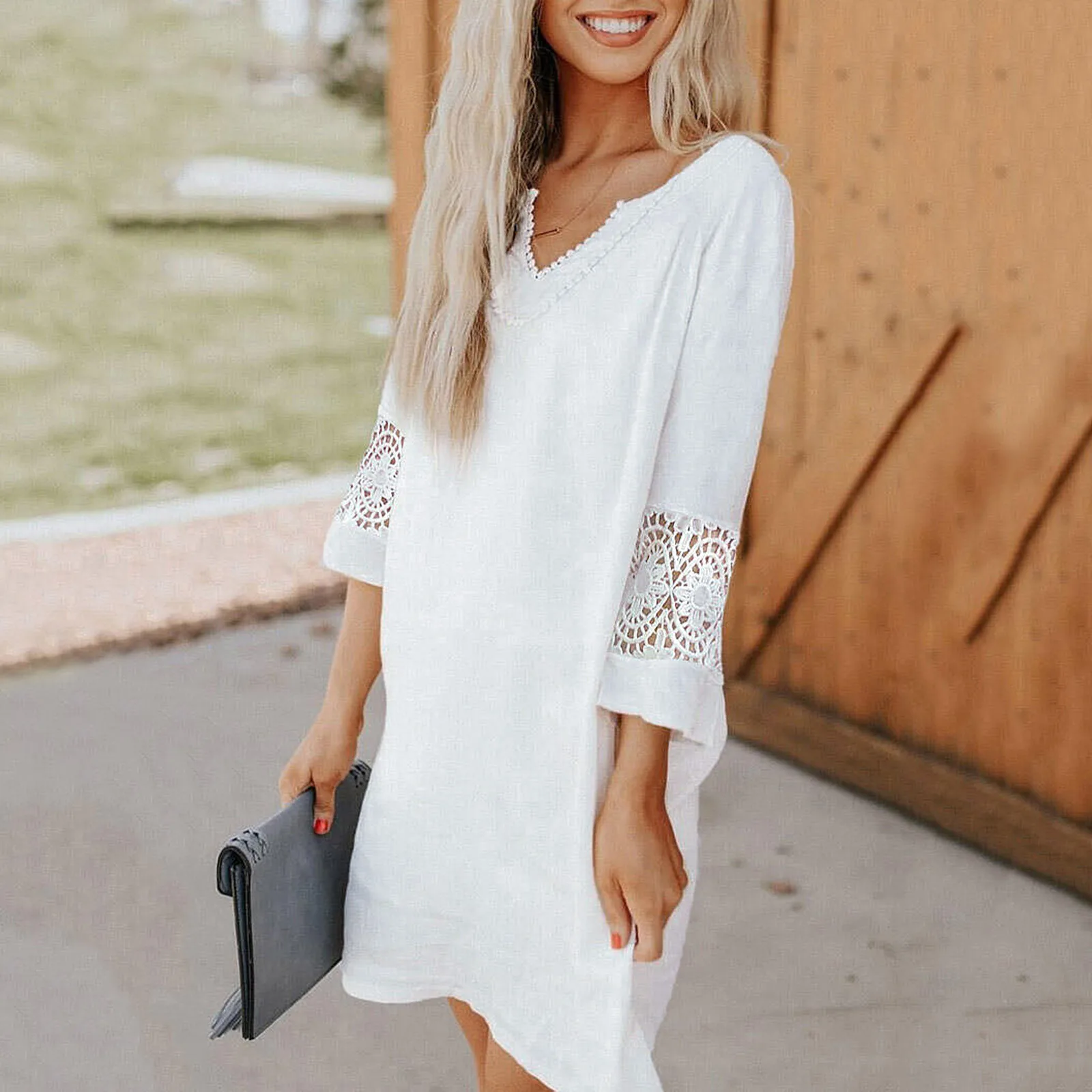 

Women's Fashion Lace Embroidery Splicing Half Sleeve Solid Colour Dress Casual Pearl V Neck Dress Elegant White Versatile Dress