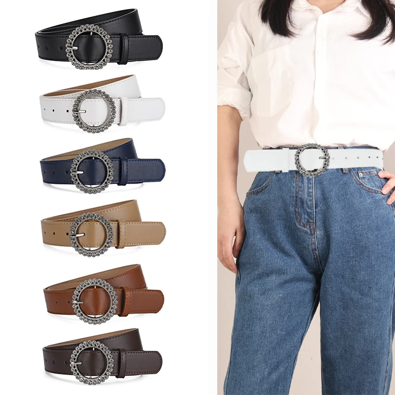 Retro PU Diamond-encrusted Belt Versatile Simple Women Leather Apertured Waistband Round Buckle Jeans Dress Clothing Accessory
Retro PU Diamond-encrusted Belt Versatile Simple Women Leather Apertured Waistband Round Buckle Jeans Dress Clothing Accessory