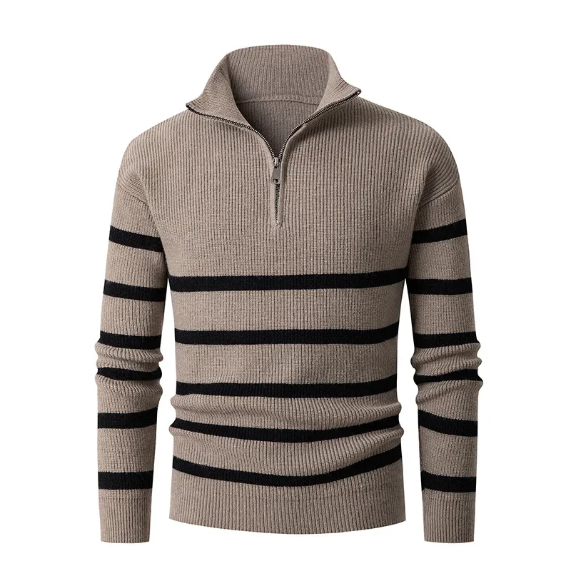 

Autumn and Winter New Half Zip Knitwear Men's Loose Sweater Stand Up Neck Stripe Spliced Men's Knitwear Coat