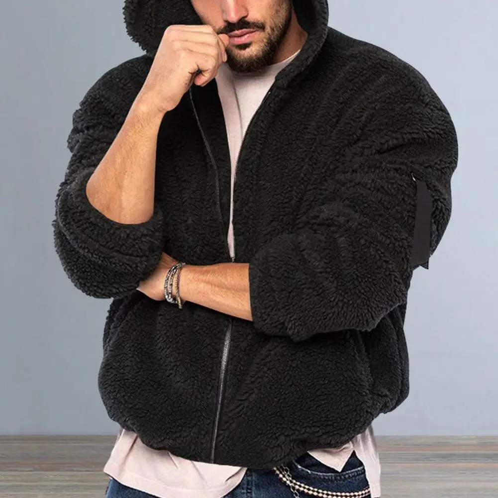 

Men Thick Fleece Jacket Trendy Men's Fluffy Hooded Coat with Thickened Fleece Zipper Closure Long Sleeves for Winter for Men