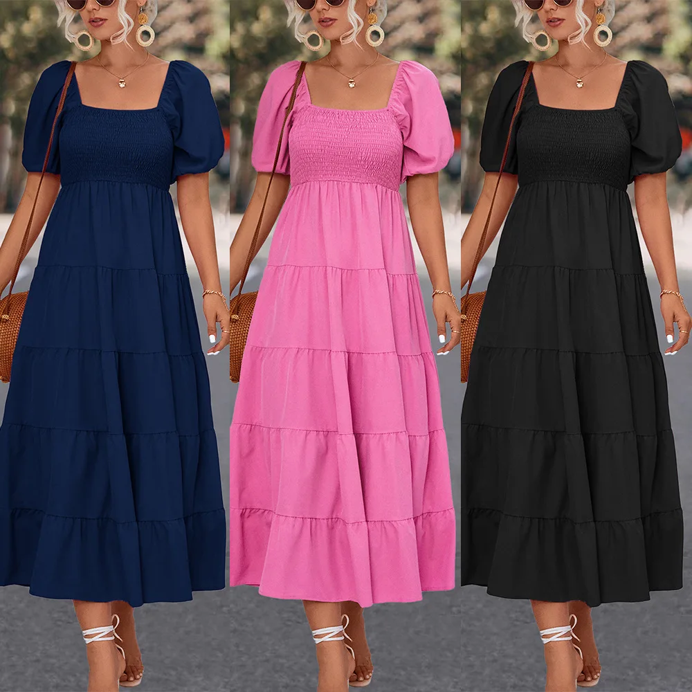 

Платье женское длинное с высокой талией, элегантное модное однотонное Платье с квадратным вырезом и рукавами-фонариками, на лето