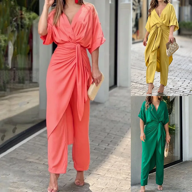 Summer Women Elegant Two Piece Set Vacation Outfits Casual Fashion Half Sleeve V Neck Shirt Loose Pants Clothing Suit Tracksuit
Summer Women Elegant Two Piece Set Vacation Outfits Casual Fashion Half Sleeve V Neck Shirt Loose Pants Clothing Suit Tracksuit