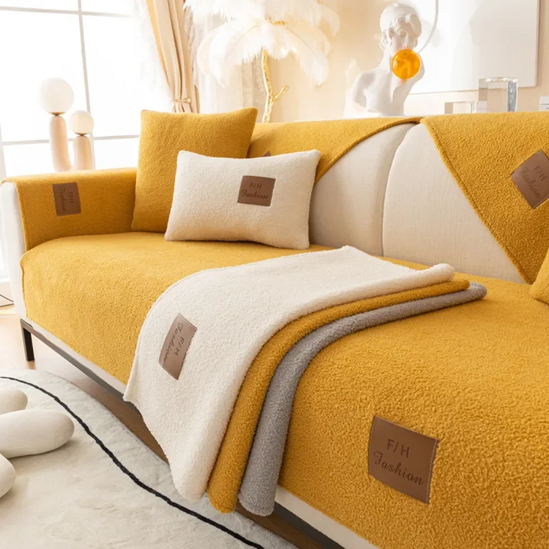 

Зимняя плюшевая комбинированная подушка для дивана, утолщенный нескользящий L-образный чехол для дивана, наволочка, однотонное теплое домашнее пылезащитное полотенце