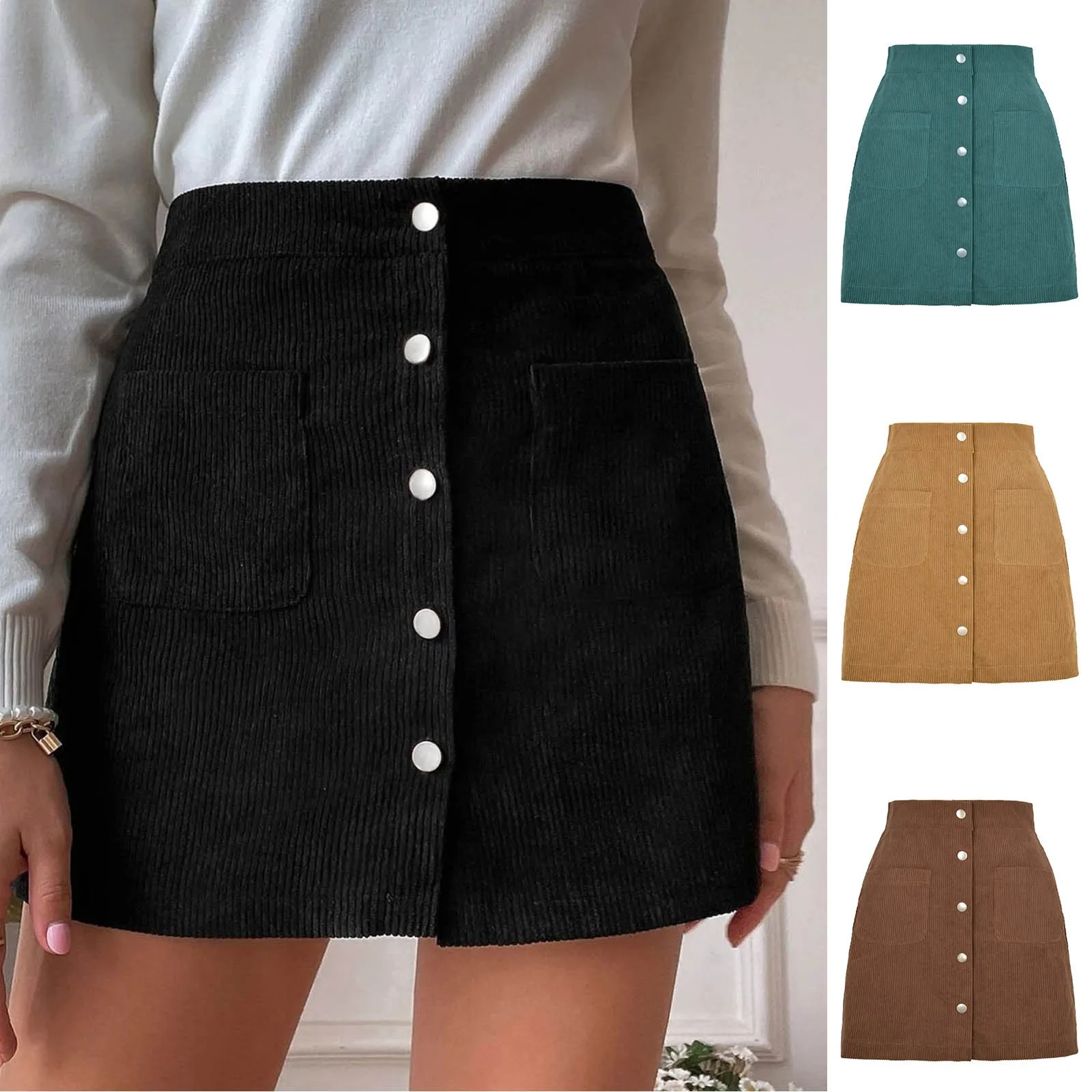 

Women Skirt Button Closure Hip Wrap Single-breasted Lady Skirt Solid Color Corduroy Material Above Knee Skirt For Daily Wear