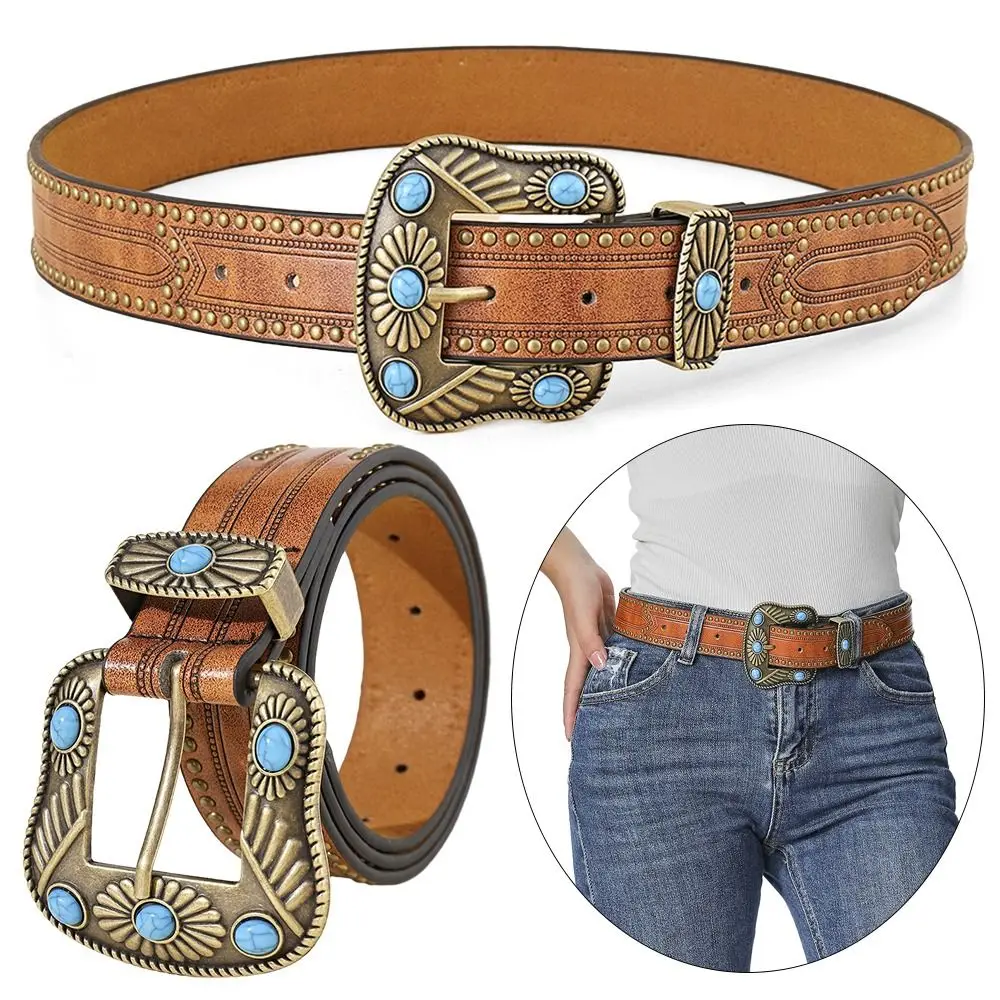 

PU Leather Western Belts Bohemian Turquoise Decor Buckle Cowgirl Cowboy Country Belts Floral Engraved Leather Belt