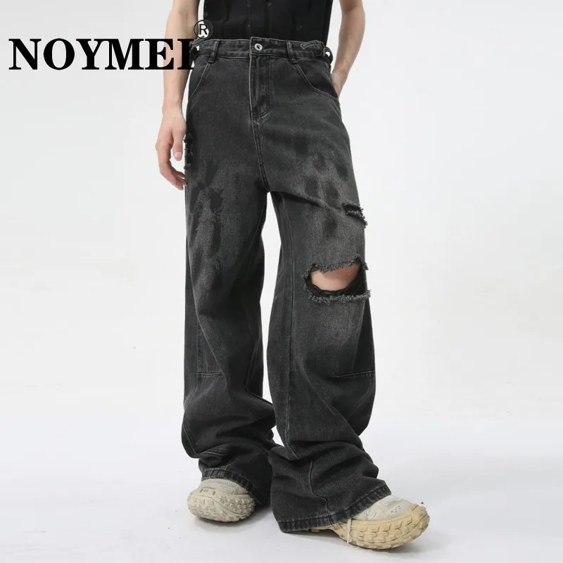 

NOYMEI Distressed High Street American Style Straight Wide Leg Denim Pants 2024 Summer Spring Men's Personality Jean WA4484