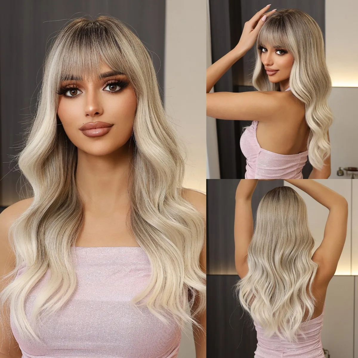 

Synthetic Ash Brown Ombre Blonde Wig with Bangs Long Natural Wavy Wigs for Women High Temperature Fibre Fake Hair Cosplay Daily