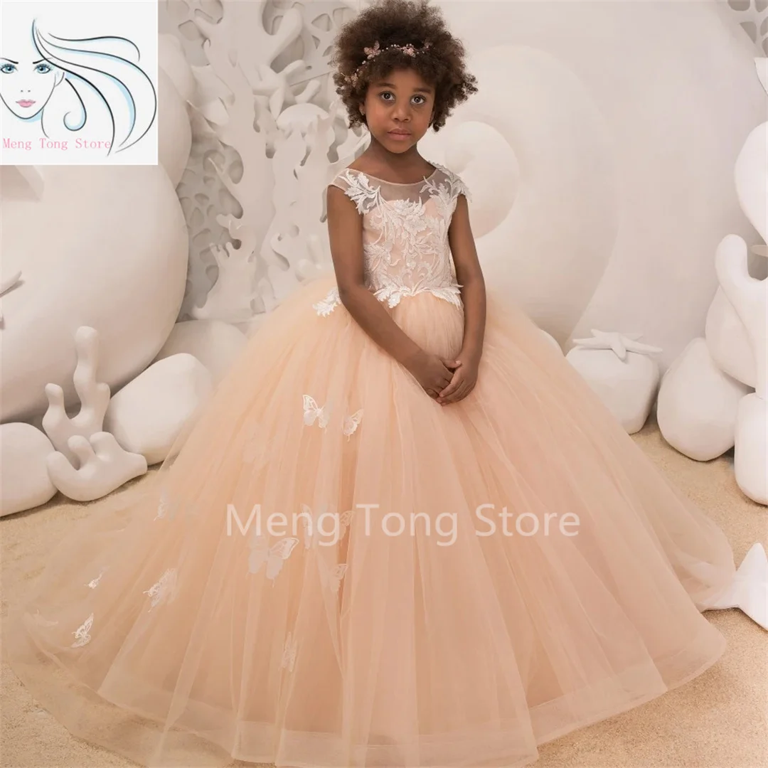 

Luxury Blush Flower Girl Dresses For Weddings Tulle Appliques Lace Butterfly Kids Pageant Gowns Birthday Dresses