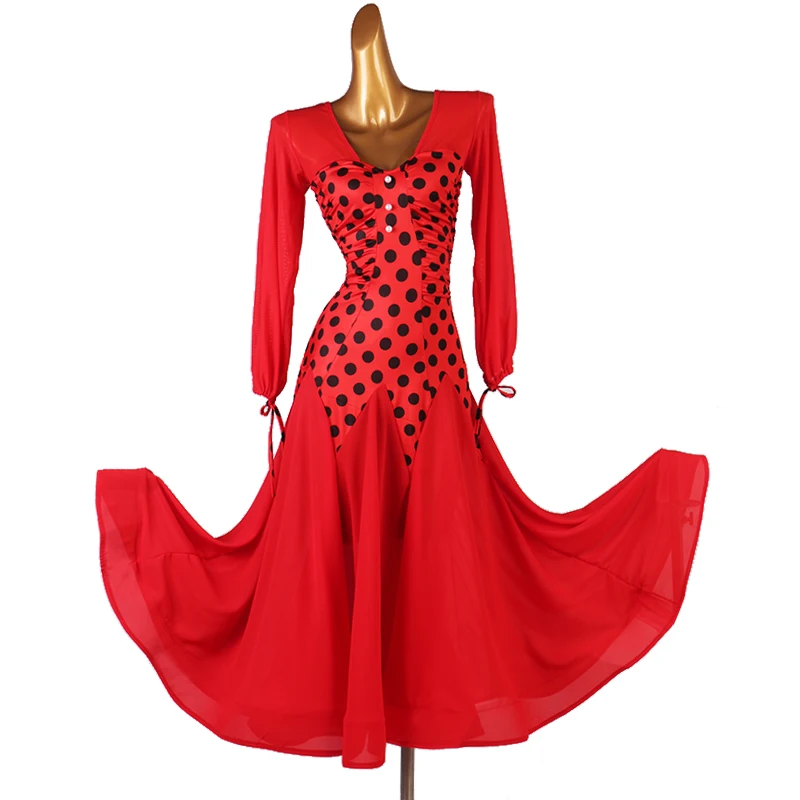 

Modern Ballroom Dance Dresses Polka Dot Gown Dress Foxtrot Women Stage Waltz Ballroom Skirt Red Black MQ245