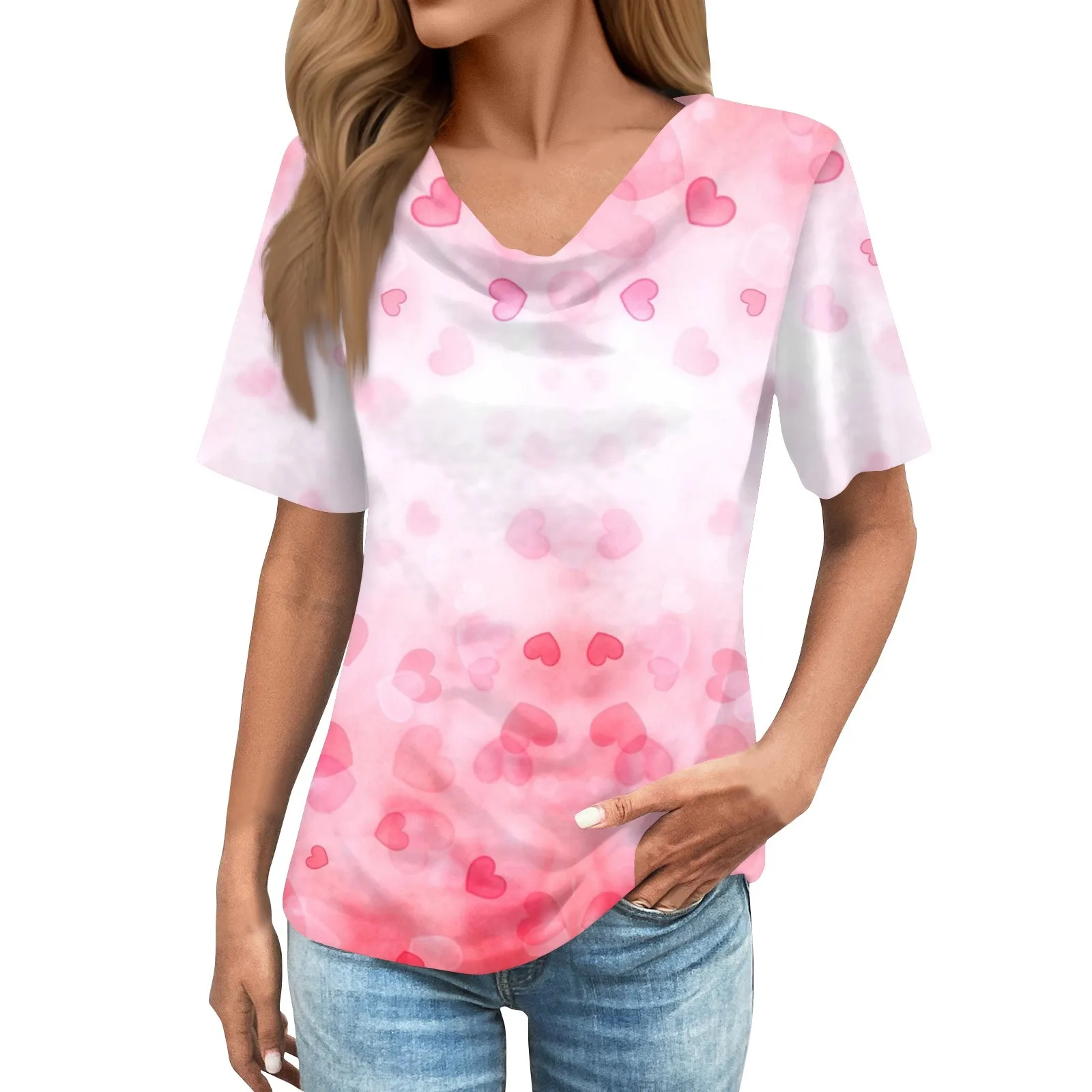 Heart Print V Neck Women T-shirt Casual Short Sleeve Top For Spring & Summer Women's Clothing Female Tops Tees 2024 New
Heart Print V Neck Women T-shirt Casual Short Sleeve Top For Spring & Summer Women's Clothing Female Tops Tees 2024 New