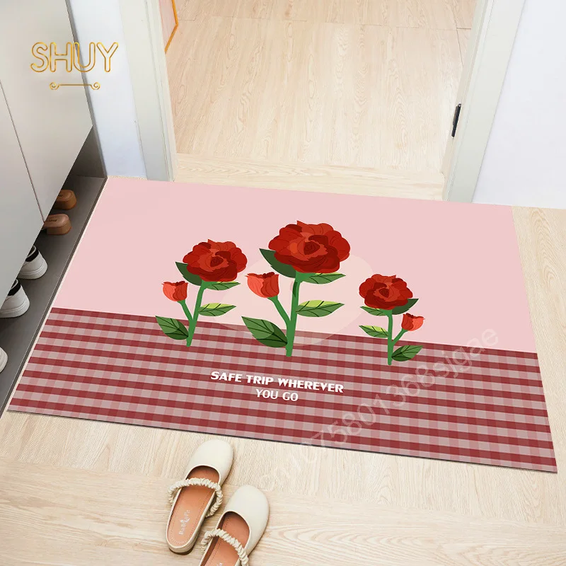 

Flower Print Bathroom Rug Entrance Simple Nordic Style Anti-slip Doormat Flannel Living Room Kitchen Carpet Bedside Floor Mats