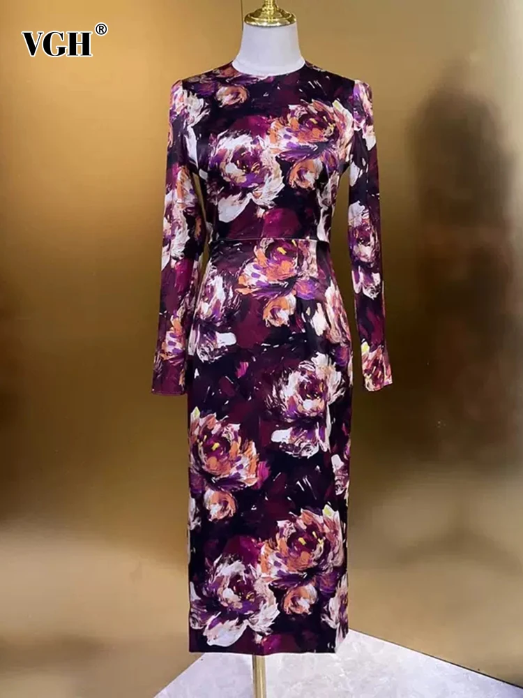 

VGH Hit Color Floral Printing Slimming Dress For Women Round Neck Long Sleeve High Waist Temperament Dresses Female Fashion New