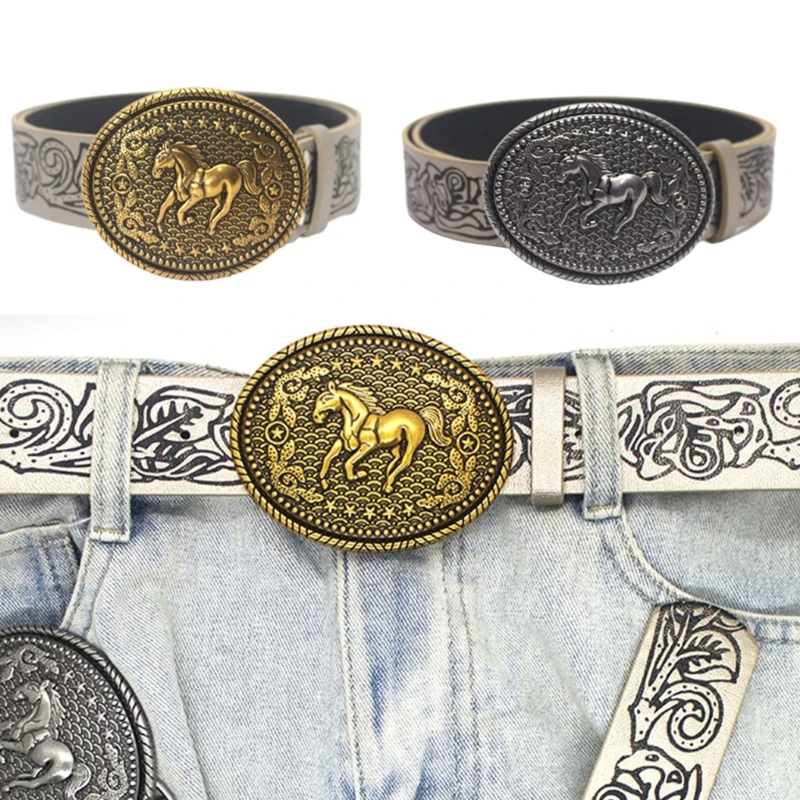 

Vintage Horse Pattern Buckle Waist Belt Western Cowboy Cowgirl Floral Engraved PU Faux Leather Waistband for Women Jeans