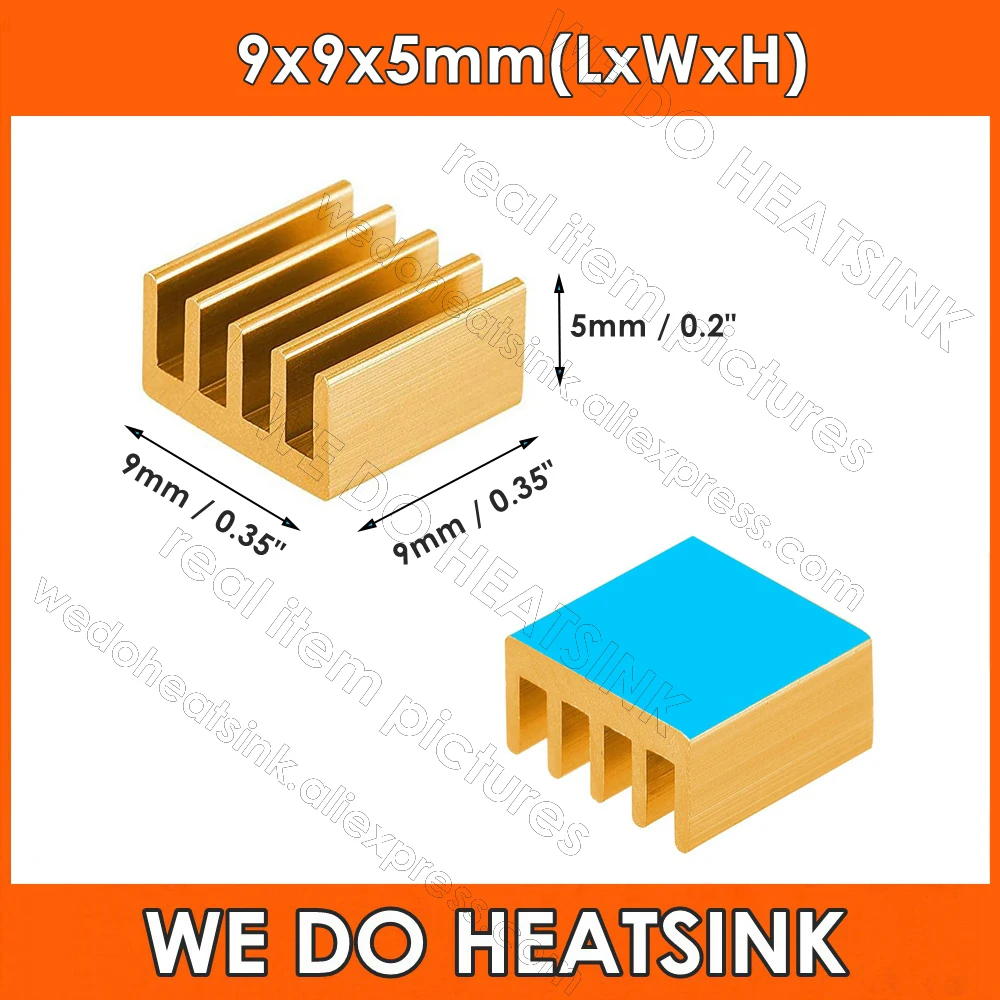 9x9x5mm Gold Tiny Aluminum Heat Sink Heatsink Cooler Fin With pre Applied Thermal Tape for Laptop CPU, VGA RAM, IC Chips, Mosfet
9x9x5mm Gold Tiny Aluminum Heat Sink Heatsink Cooler Fin With pre Applied Thermal Tape for Laptop CPU, VGA RAM, IC Chips, Mosfet