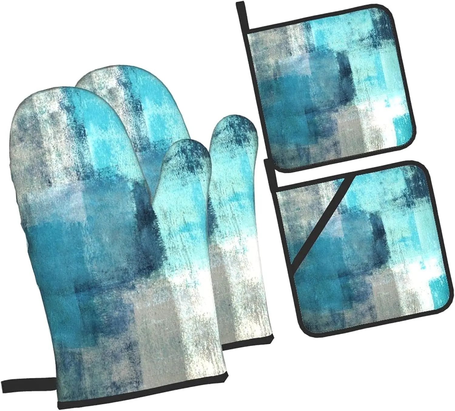 

Oven Mitts and Pot Holders Sets of 4 Modern Art Gry Turquoise Abstract Kitchen Potholder Gloves Heat Resistant Non-Slip for Chef