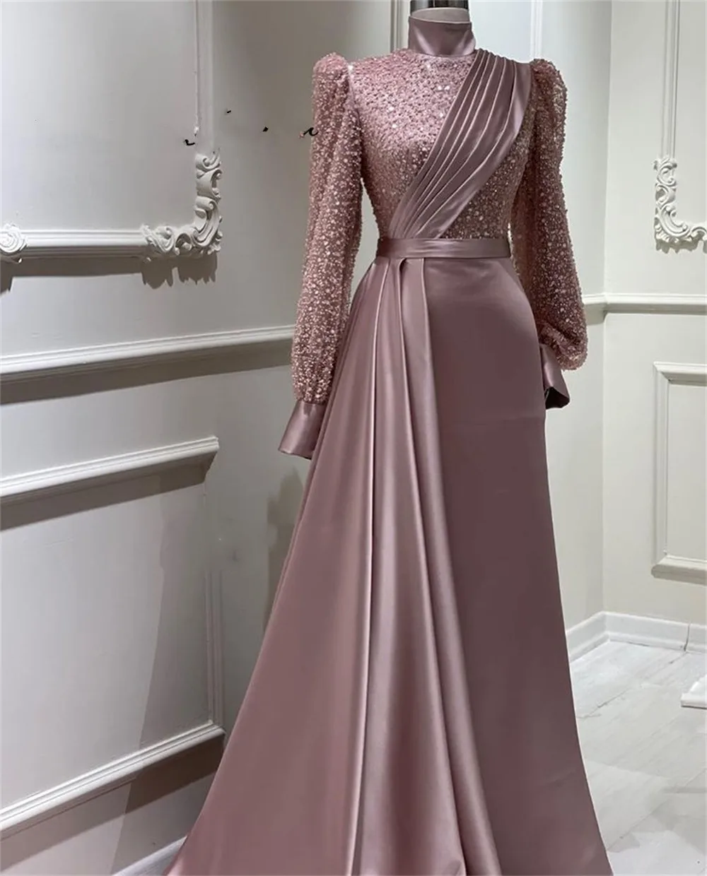 

New Arrival Muslim Evening Dresses Beaded Puffy Long Sleeves Turkey Dubai Dinner Gowns Arabic High Neck Prom Dress robe de soree