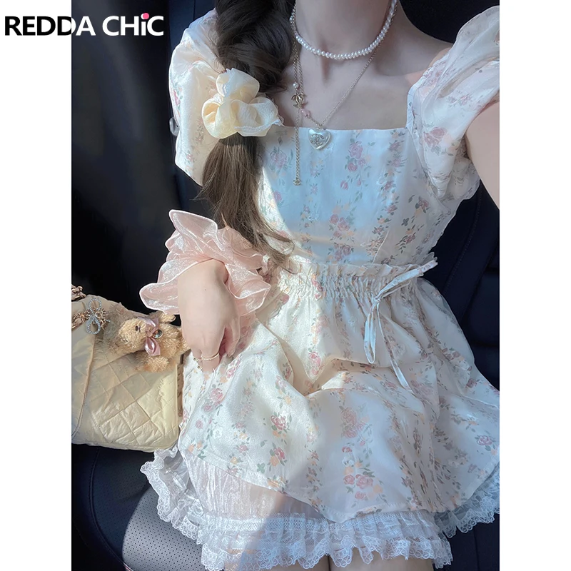 

ReddaChic Fairycore Square Neck Puffy Mini Dress Women Floral Print Short Sleeves Layered Ruffle Beach Holiday One-piece Dress