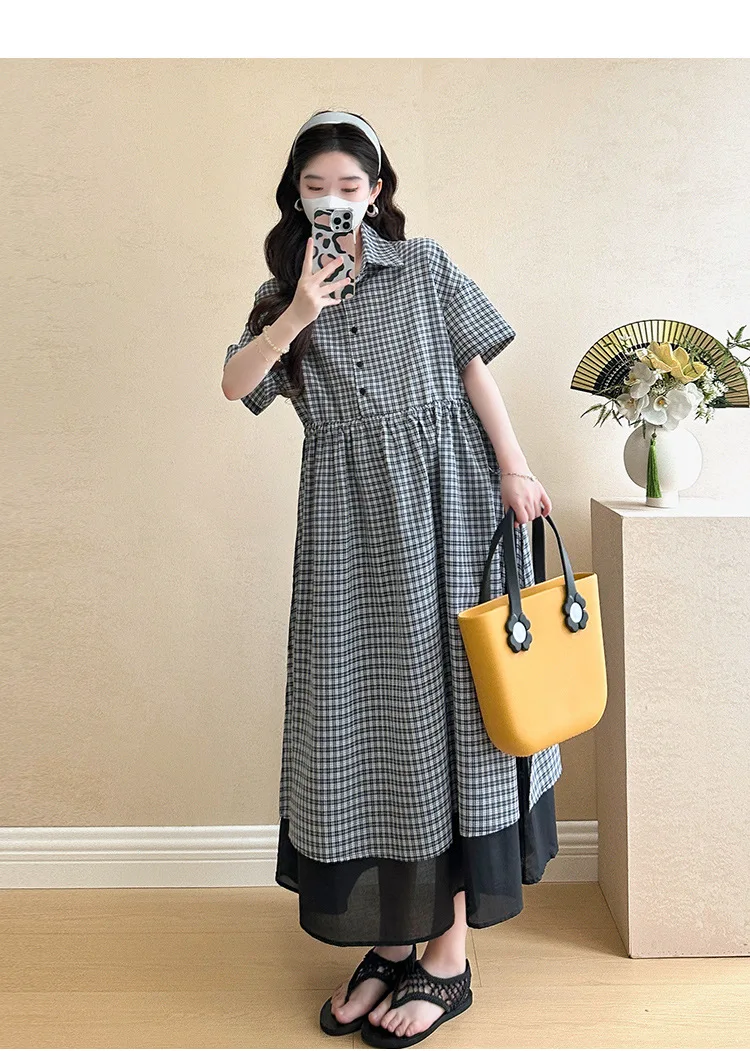 Summer Maternity Dress: Fashionable Checkered Fake Two-Piece Shirt Dress - Stylish & Comfortable Pregnancy Wear for Trendy Moms 11 S968627bffaee485ba37f047b602dba12e