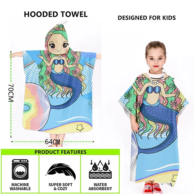 

Мультяшное детское банное полотенце из микрофибры, хлопковое пляжное полотенце с капюшоном детское накидка, пончо, детское солнцезащитное пляжное полотенце