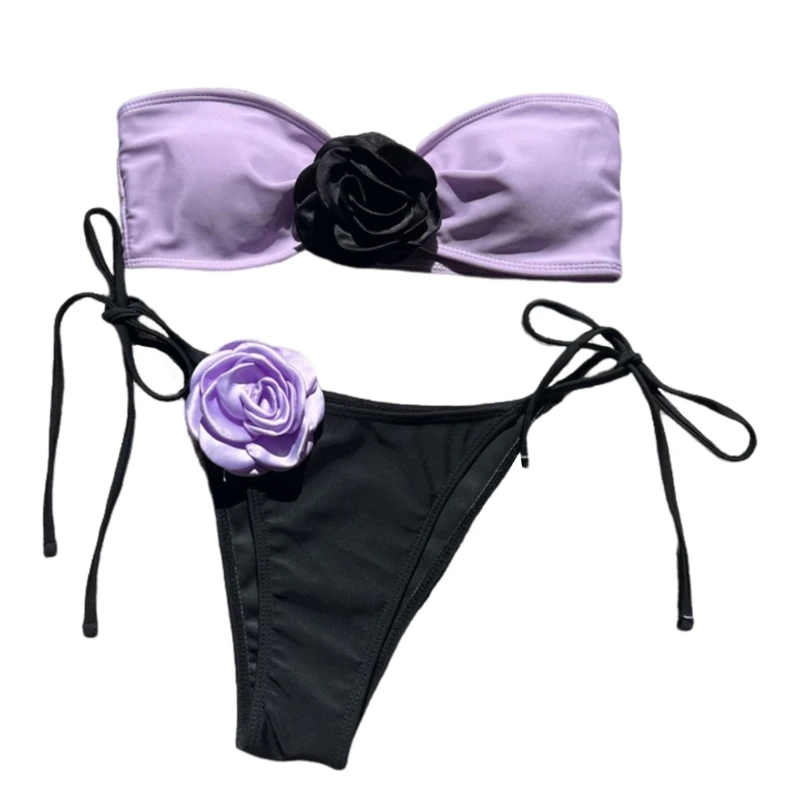 

652D Womens Strapless Bikinis Set 3D Flower Two Pieces Split Swimwear Lace Up Bathing Suit Sexy Bandeau Swimsuit Beachwear