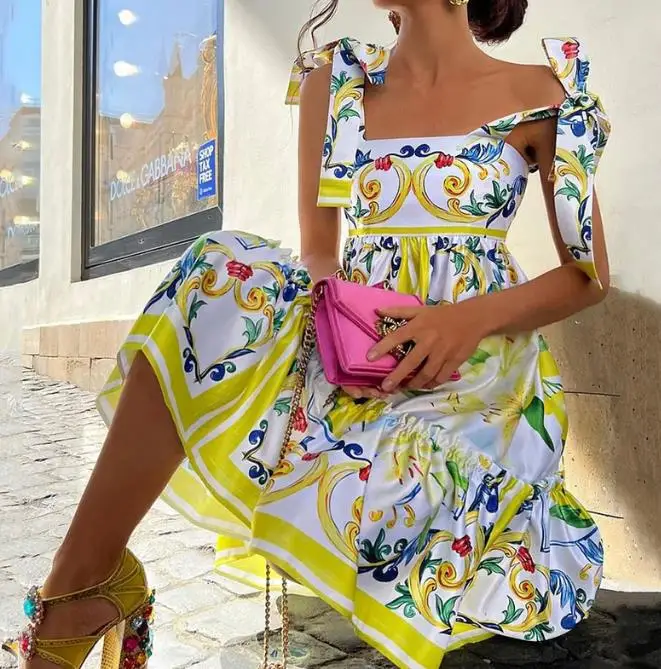 

Sleeveless Lace Up 2023 New Hot Selling Fashion Women's Sexy Holiday Flower Print Long Dress