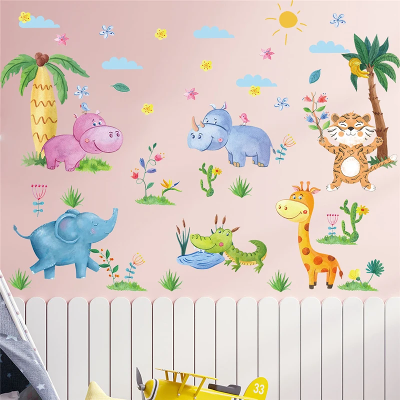 

Cartoon Africa Animals Party Wall Sticker For Home Decoration Elephant Tiger Giraffe Mural Art Diy Kids Room Decals Pvc Poster