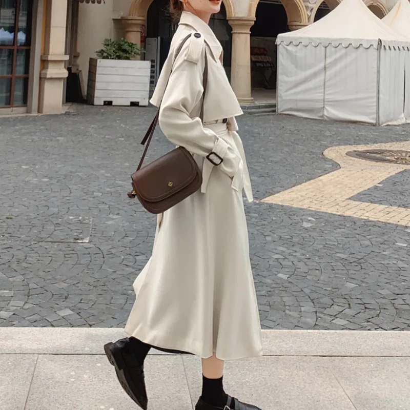 

Beige Temperament Fashion Trench Coat Long Double-Breasted with Belt Spring Autumn Lady Duster England Style Female Outerwear