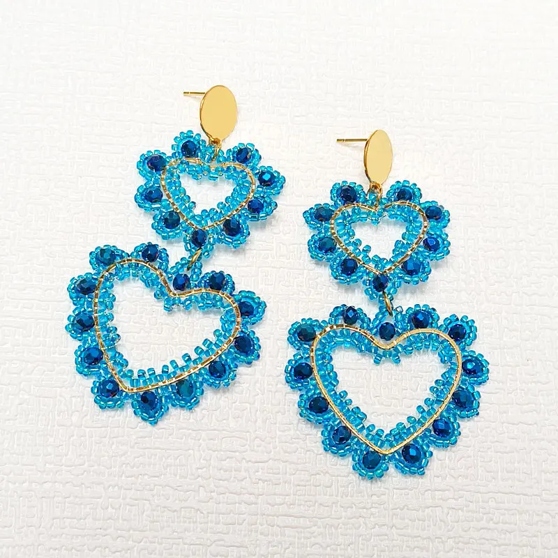 

Бусины в виде риса серьги в форме сердца, двойная колода, кристалл, оригинальность, синий цвет. Модные серьги ручной вязки в богемном стиле из сплава