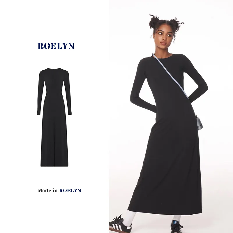 

ROELYN Hepburn Style Spring And Autumn Long Dress Women's Solid Color Temperament Splicing High-end Feeling Small Stature Long S